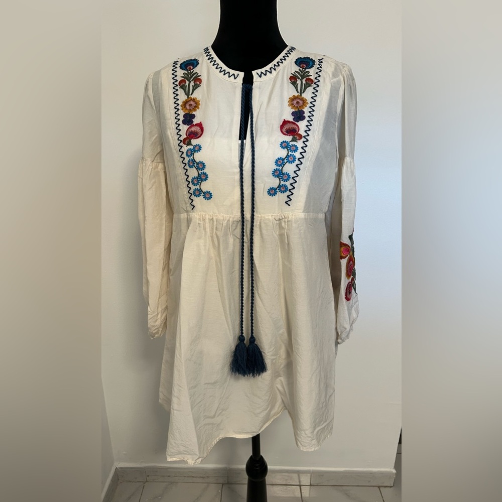 Zara Woman Embroidered Floral Tunic/Dress SZ M BOHO Festival Hippie Peasant